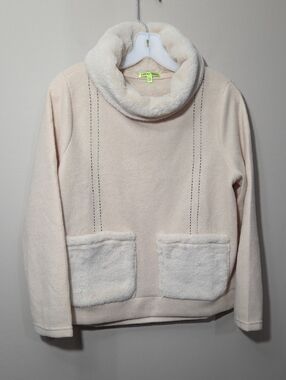 Cozy Cream Funnel-Neck Sweater with Faux Fur Trim